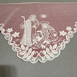 Vtg Christmas Silent Night Nativity Scene Lace Valance Felt Back Topper Handmade